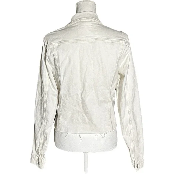 LEVI'S White Denim Trucker Jacket Women sz L Cropped Raw Hem - See Notes - Picture 3 of 11